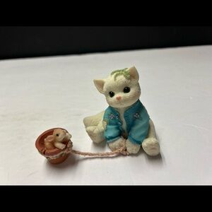 White Cat Figurine in Blue Jacket with Flower Pot Mouse